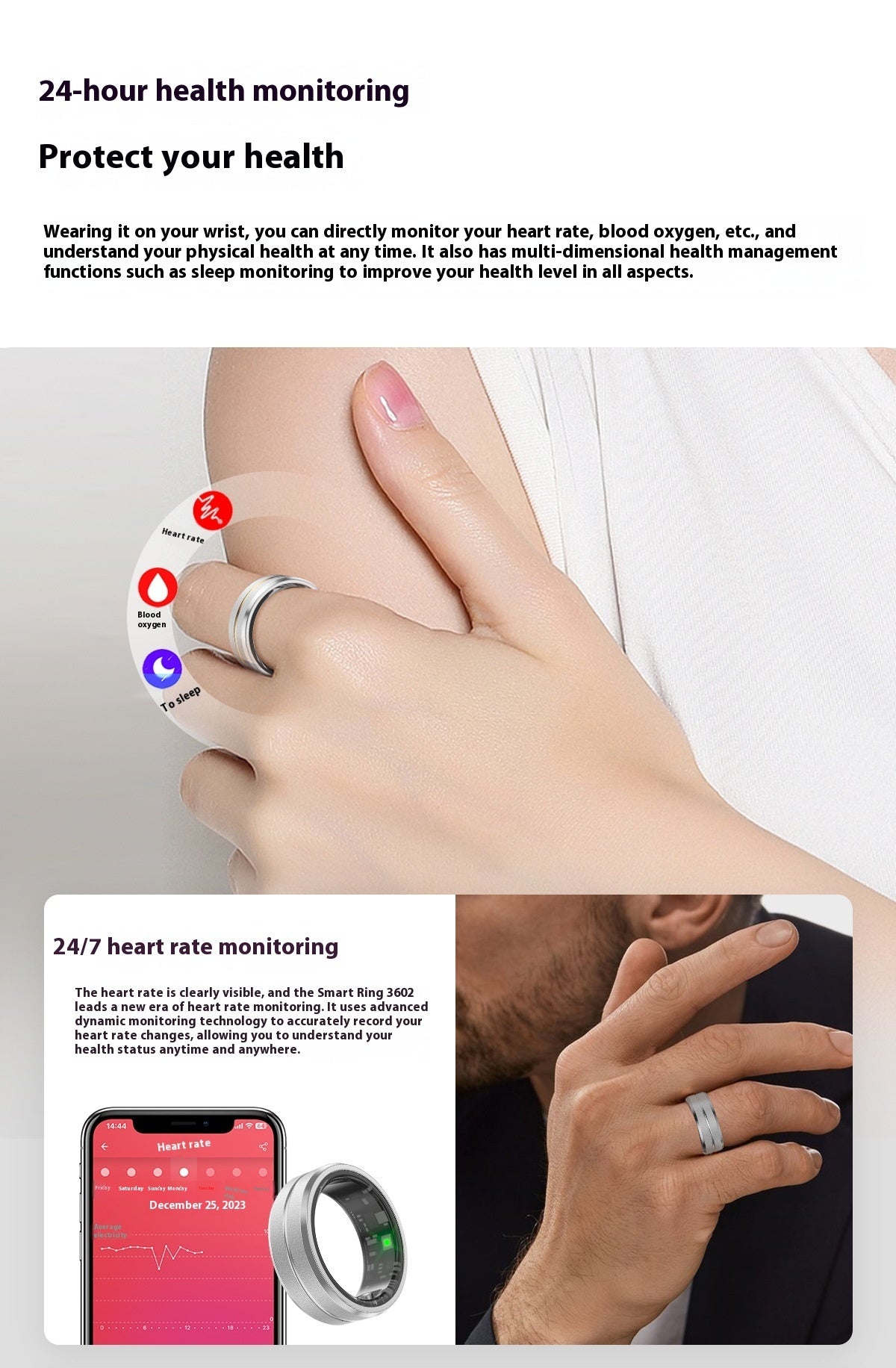 2024 Smart Ring For Men Women Heart Rate Blood Oxygen Monitoring Multi