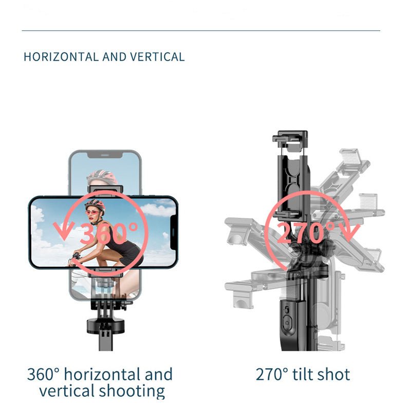 Mobile Phone Holder Gimbal Stabilizer Tripod showcasing 360° horizontal and vertical shooting capabilities.