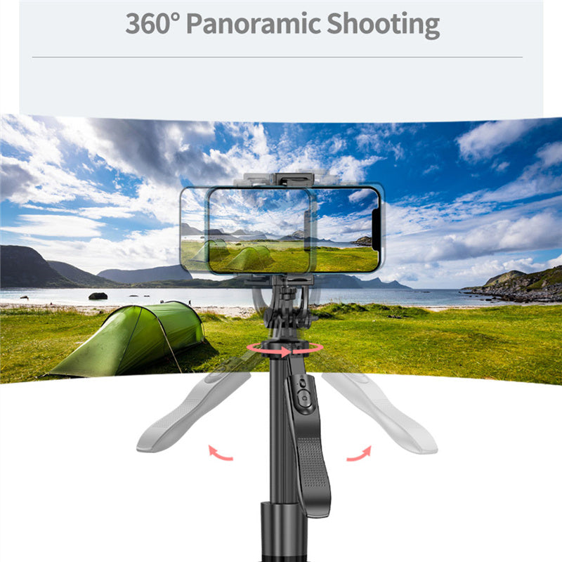 Mobile Phone Holder Gimbal Stabilizer Tripod in use for 360° panoramic shooting outdoors with a scenic view.
