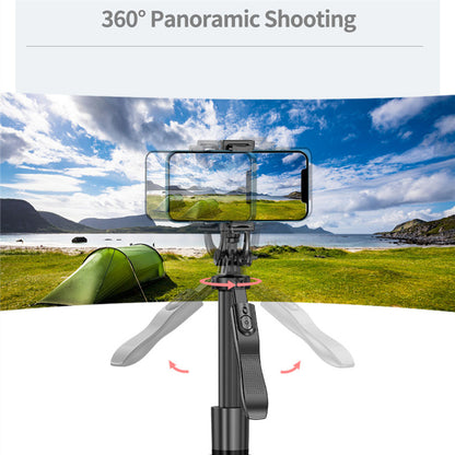Mobile Phone Holder Gimbal Stabilizer Tripod in use for 360° panoramic shooting outdoors with a scenic view.