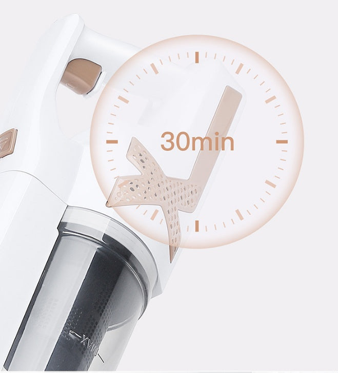 Cordless Handheld Vacuum Cleaner showing a timer indicating 30 minutes of runtime for portable cleaning.